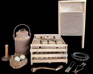 Rustic Farmhouse Collectibles Vintage Egg Crate, Milk Can, Washboard More