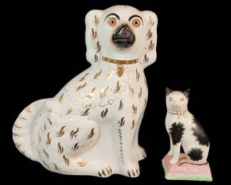 Charming Antique Staffordshire  Cat  Dog Duo
