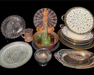 Vintage Entertainment Serving Pieces Depression Glass, Cut Glass, and Assorted Metal Trays