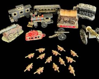 Vintage Cast Iron Toys Collectibles  Train Set, Cannons, Bank  More