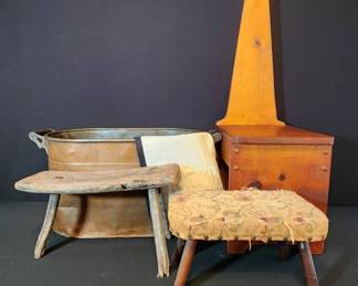 Primitive Decor Copper Boiler Pot, Small Wall Chair, Wooden Stools 