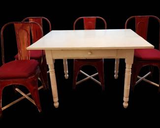 Unique Vintage White Wooden Table Red Metal Chair Set