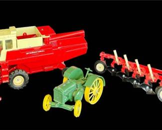 Vintage Ertl International Combine, Plow, and John Deere Model D Tractor Farm Toy Lot