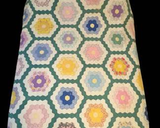 Vintage MultiGenerational HandStitched Grandmothers Flower Garden Quilt  76 x 94 