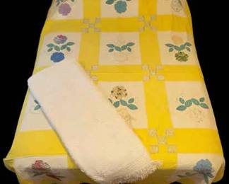 Vintage Handstitched Floral Quilt White Chenille Blanket Set  Approx. 80 x 100 Each