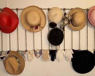 Exquisite Vintage Collection Hats, Gloves, and Hankies on an Antique Iron Crib Side 