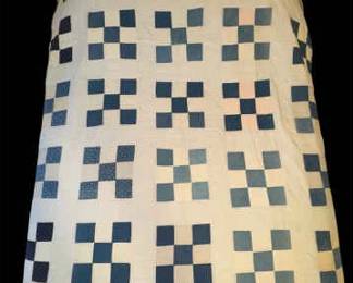 HandQuilted Vintage Blue  White Nine Block Quilt  76 x 88 