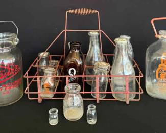 Vintage Dairy Collectibles Squire, Ol Bossy, Borden  More with Rustic Milk Bottle Carrier