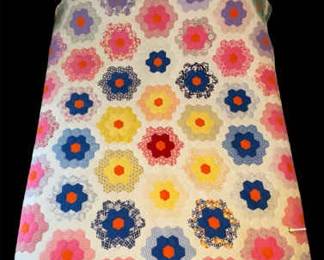 Vibrant HandStitched Grandmothers Flower Garden Quilt  Excellent Collectors Piece