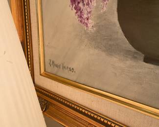 Marie Vargo purple hydrangeas oil on canvas 21” x 25” $200 + tax