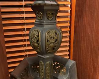 Vintage pewter & gilt Chinese temple candle holders pair 20.5” tall $240 + tax