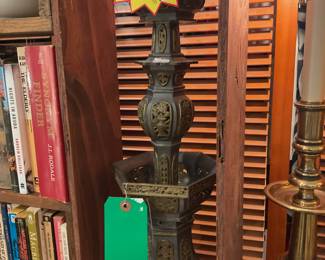 Vintage pewter & gilt Chinese temple candle holders pair 20.5” tall $240 + tax