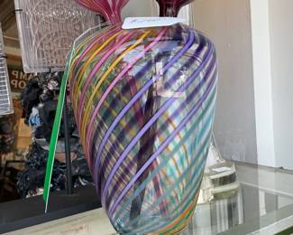 Hand blown rainbow striped glass vase $112 + tax