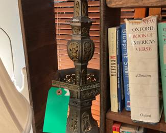 Vintage pewter & gilt Chinese temple candle holders pair 20.5” tall $240 + tax