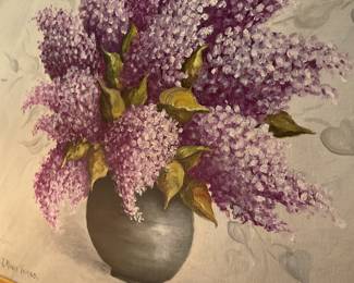 Marie Vargo purple hydrangeas oil on canvas 21” x 25” $200 + tax
