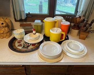 Dishes, Vintage Tupperware Pitchers, and Chicago Cutlery Knives