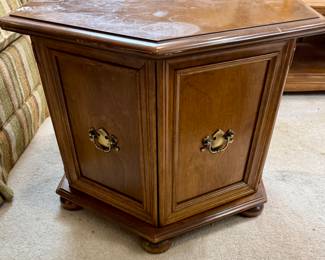 Mid Century Ethan Allen Heirloom Maple Hexagonal Storage Accent Side Table (2 Available)