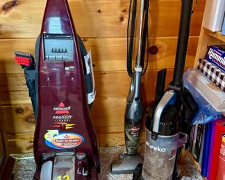 Bissell Power Steamer Power Brush Select Upright Carpet Cleaner, Eureka Upright Vacuum Cleaner, and Bissell 3-in-1 Stick Vacuum