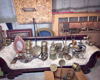 Antique Sofa, TONS of vintage brass & copper items