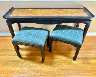 Chinoiserie Black Lacquer & Burl Elm Console Sofa Table with Matching Ottomans