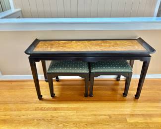 Chinoiserie Black Lacquer & Burl Elm Console Sofa Table with Matching Ottomans