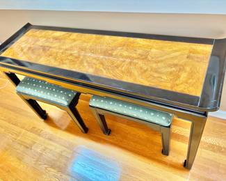Chinoiserie Black Lacquer & Burl Elm Console Sofa Table with Matching Ottomans