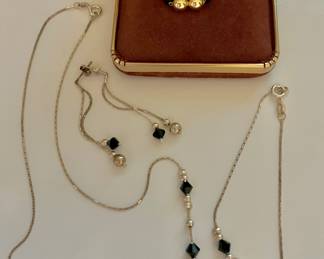 Sterling Necklace, Bracelet , Earrings Set , Gold Tone Necklace in Original Box 