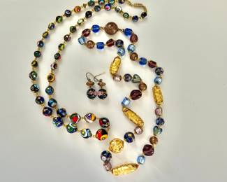 Murano Millifiore Necklace, Italy Wedding Cake Necklace and Earrings Set 