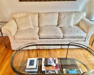 Off White Damask Rolled Arm Sofa by Kindel