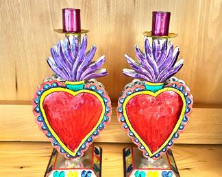 Pair heart shaped tin candleholders