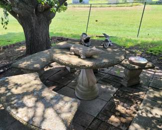 Concrete Table, 3 Curved Concrete Benches, Concrete Alligator
