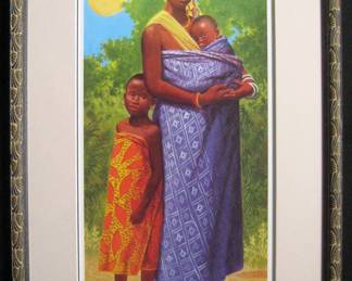 “CONGOLESE MADONNA”
Cal Massey (1926-2019)
From the African Families in Perspective series.
Published by: Imprint Int’l. Inc. 1984 
Double mated and framed under Plexiglas.