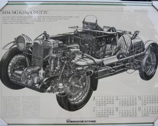 MG and BRIDGSTONE Tiers Original vintage Japanese calendar poster
1934 MG K3 MAGNETTE
Owned by the former Briggs Cunningham Automotive Museum, L.A Calif.  Size: 41 x 29 in.