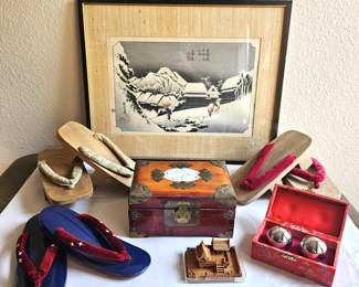 Vintage Japanese Geta Zori Sandals, Art Print, Jewelry Box, Baoding Balls Lot