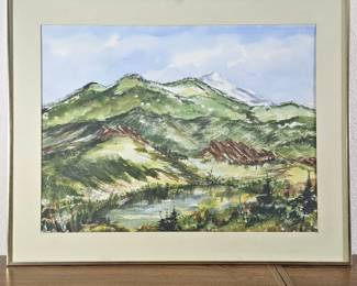  Framed Mountain Landscape in Summer Watercolor by Barb Bradley, 1973, 34.5x27 Framed