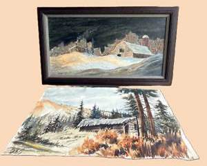 Tom Berger Watercolor & G.E.M. Oil Painting (framed) – Rustic Cabin Landscapes – Signed Vintage Art Lot