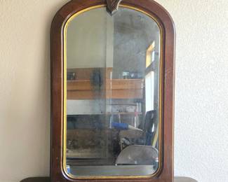  Antique Wood Wall Mirror 22x36 Arched Top w/ Decorative Crest Detail - Aged Patina