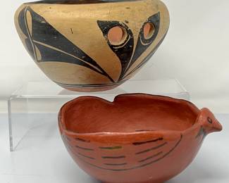 Vintage Native American Santo Domingo Pottery Bowl and Maricopa Indian Red Pottery