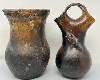  Antique Handcrafted Navajo Pottery, Dark Brown Clay Cooking Pot, and Wedding Vase 