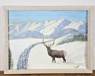  Original Oil Painting on Board of Elk in Winter Landscape by M. Woodruff 1977 Framed 26x20
