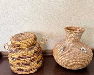  Lot of 2 Vintage Native American Style Olla Baskets – Coiled Water Jars w/ Handles & Lid