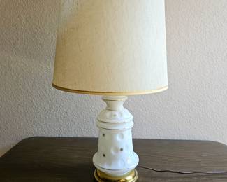  Vintage Mid-Century Atomic Table Lamp 22" – White Glass with Gold Starburst & Shade