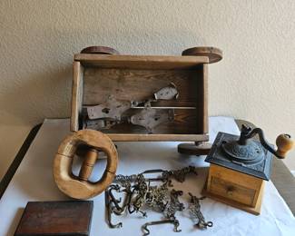  Lot of Primitive Antiques Including Hat Block, Coffee Grinder and Antique Drawer Hardware