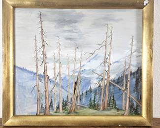 1945 Framed Landscape Painting of Mountain Trees in Winter with Golden Frame - Original Oil on Board - 27" x 23"