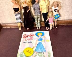 Vintage Barbie Doll Lot w/ Ken, Midge, Skipper & 1960s Barbie Paper Doll Cut-Out Book – Whitman