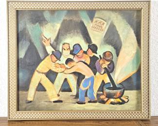 Vintage Oil Painting Labor Scene – 25x20.5” Unsigned – Estate of Hugh Weller
