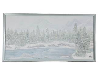 - Large Framed Winter Landscape Original Oil Painting with Trees and Lake - A Blizzard in the Mountains! 50 x 26