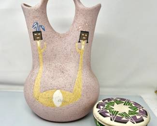 Vintage Pink Southwestern Wedding Pottery Vase & Sioux Lidded Bowl