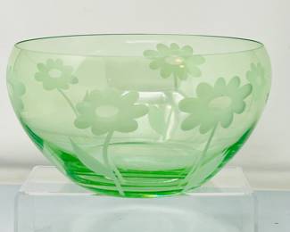 Czech “April Showers” Emerald Art Glass w/ Etched Flowers