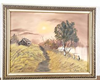Framed Oil Painting by E. Van Dyke - Mountain Cabin Landscape - 23" x 28"